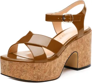 Women's 3-Inch Chunky Wedge Sandals - Open Round Toe Platform with Adjustable Ankle Strap, Solid Color Heels for Work, Party & Date Nights