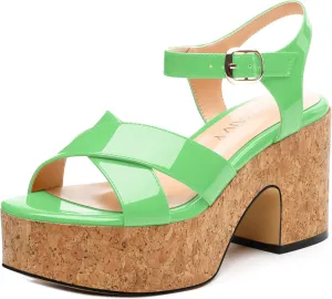 Women's 3-Inch Chunky Wedge Sandals - Open Round Toe Platform with Adjustable Ankle Strap, Solid Color Heels for Work, Party & Date Nights