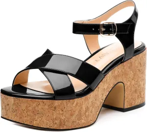 Women's 3-Inch Chunky Wedge Sandals - Open Round Toe Platform with Adjustable Ankle Strap, Solid Color Heels for Work, Party & Date Nights