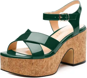 Women's 3-Inch Chunky Wedge Sandals - Open Round Toe Platform with Adjustable Ankle Strap, Solid Color Heels for Work, Party & Date Nights