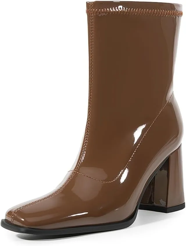 Women's Ankle Boots Square Toe Chunky Heel Patent Leather Side Zipper Fashion Dress Women Short Booties