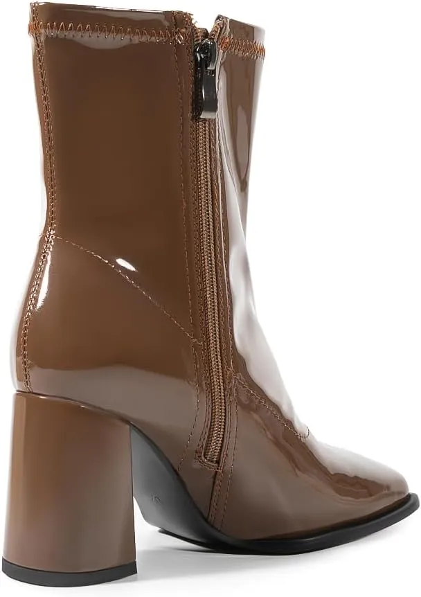 Women's Ankle Boots Square Toe Chunky Heel Patent Leather Side Zipper Fashion Dress Women Short Booties
