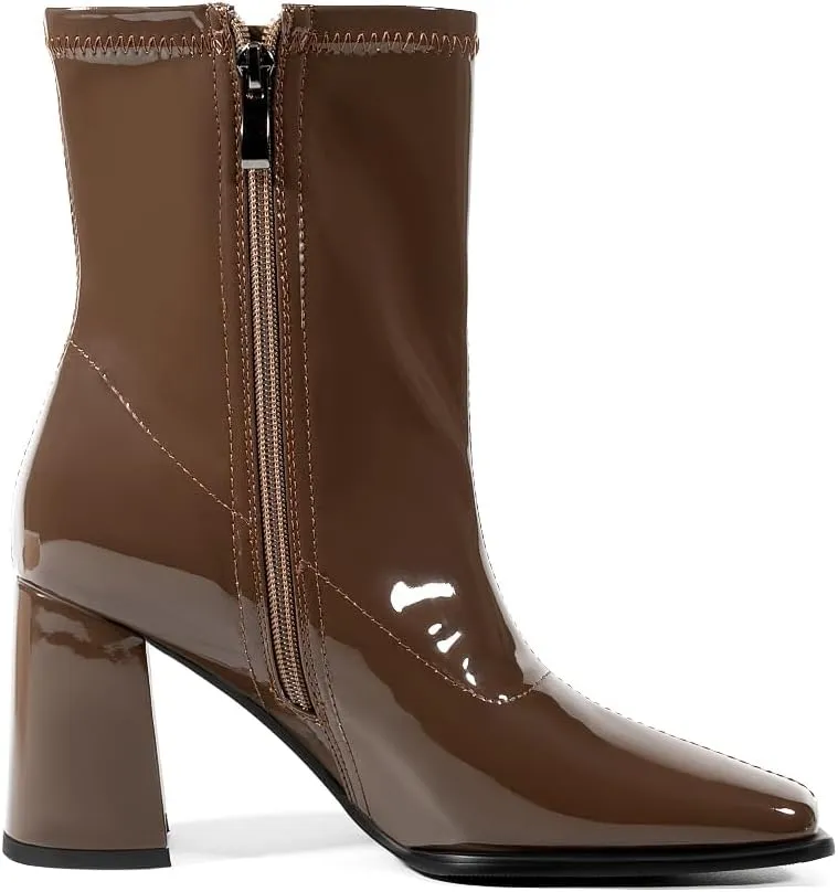 Women's Ankle Boots Square Toe Chunky Heel Patent Leather Side Zipper Fashion Dress Women Short Booties