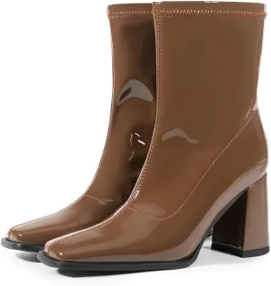 Women's Ankle Boots Square Toe Chunky Heel Patent Leather Side Zipper Fashion Dress Women Short Booties