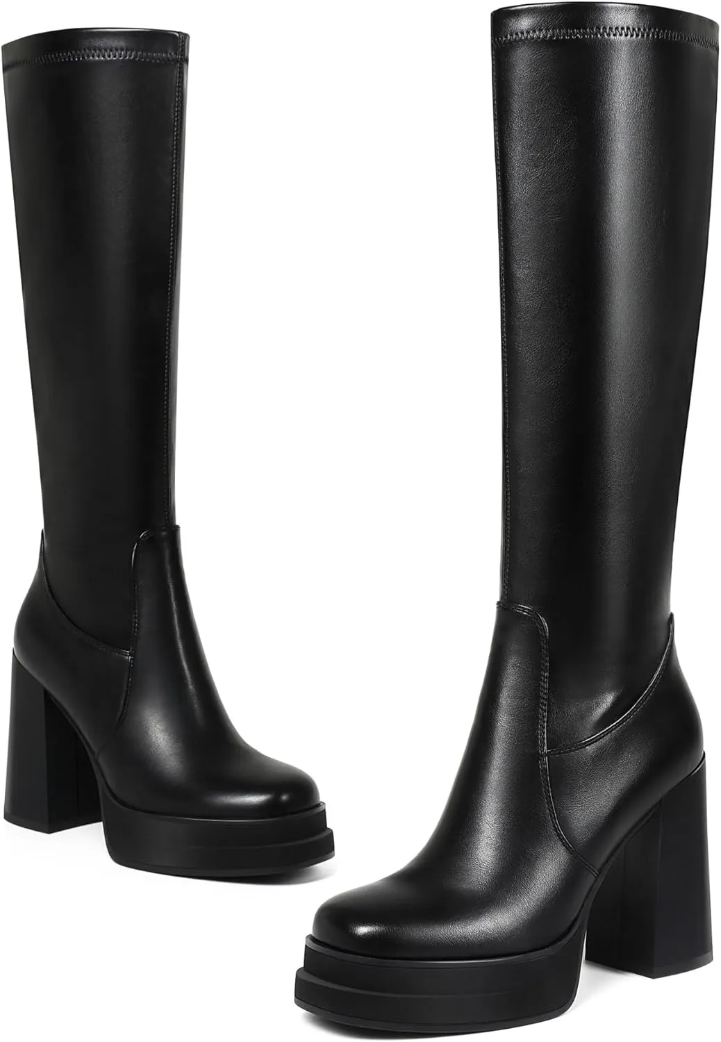 Women's Black Platform Knee High Boots Womens High Chunky Heel Square Toe Stretchy Platform Long Boots Shoes for Women(not for wide calf)