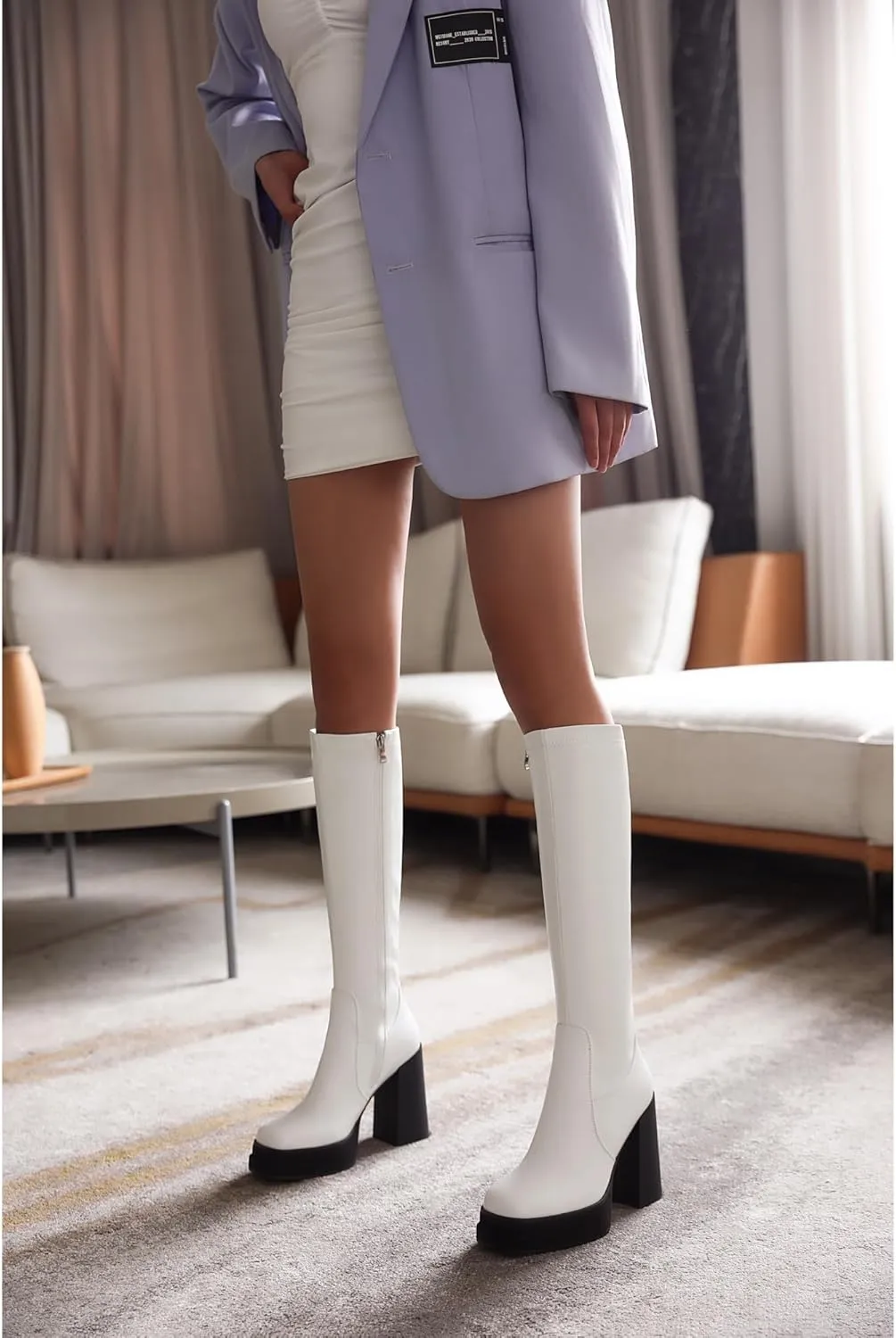 Women's Black Platform Knee High Boots Womens High Chunky Heel Square Toe Stretchy Platform Long Boots Shoes for Women(not for wide calf)