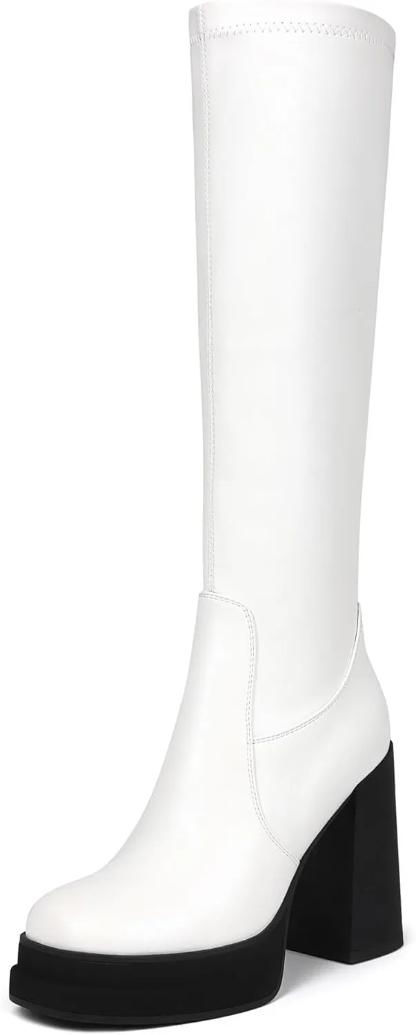 Women's Black Platform Knee High Boots Womens High Chunky Heel Square Toe Stretchy Platform Long Boots Shoes for Women(not for wide calf)