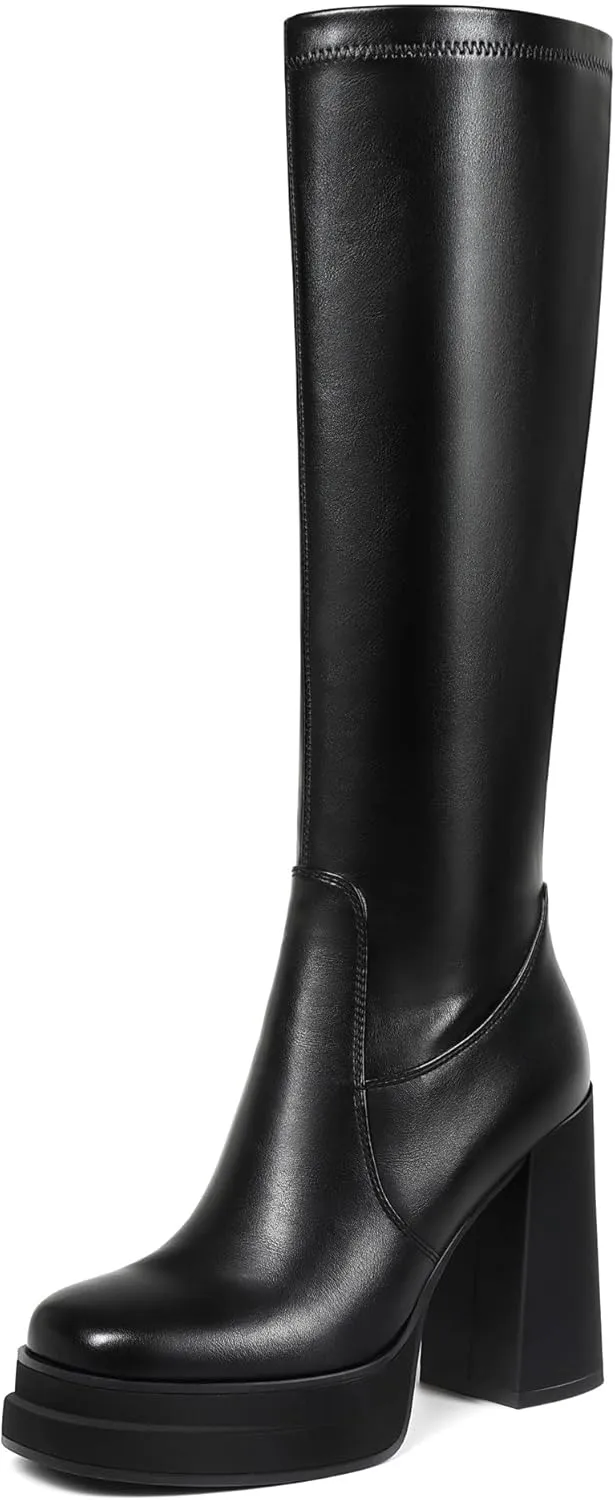 Women's Black Platform Knee High Boots Womens High Chunky Heel Square Toe Stretchy Platform Long Boots Shoes for Women(not for wide calf)