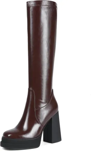 Women's Black Platform Knee High Boots Womens High Chunky Heel Square Toe Stretchy Platform Long Boots Shoes for Women(not for wide calf)