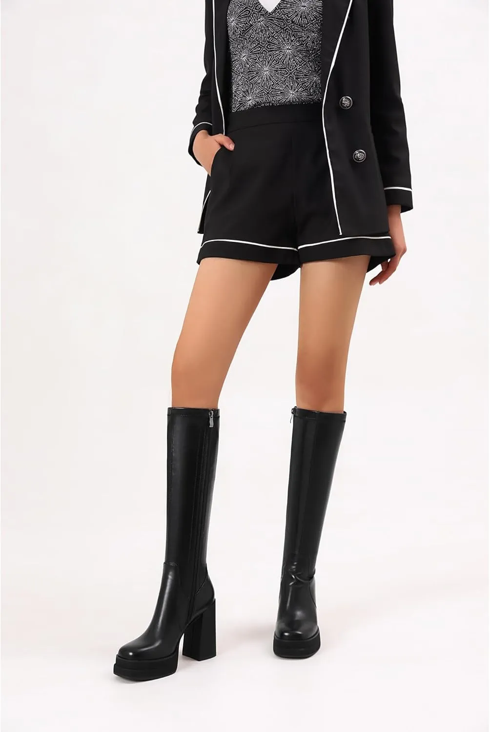 Women's Black Platform Knee High Boots Womens High Chunky Heel Square Toe Stretchy Platform Long Boots Shoes for Women(not for wide calf)