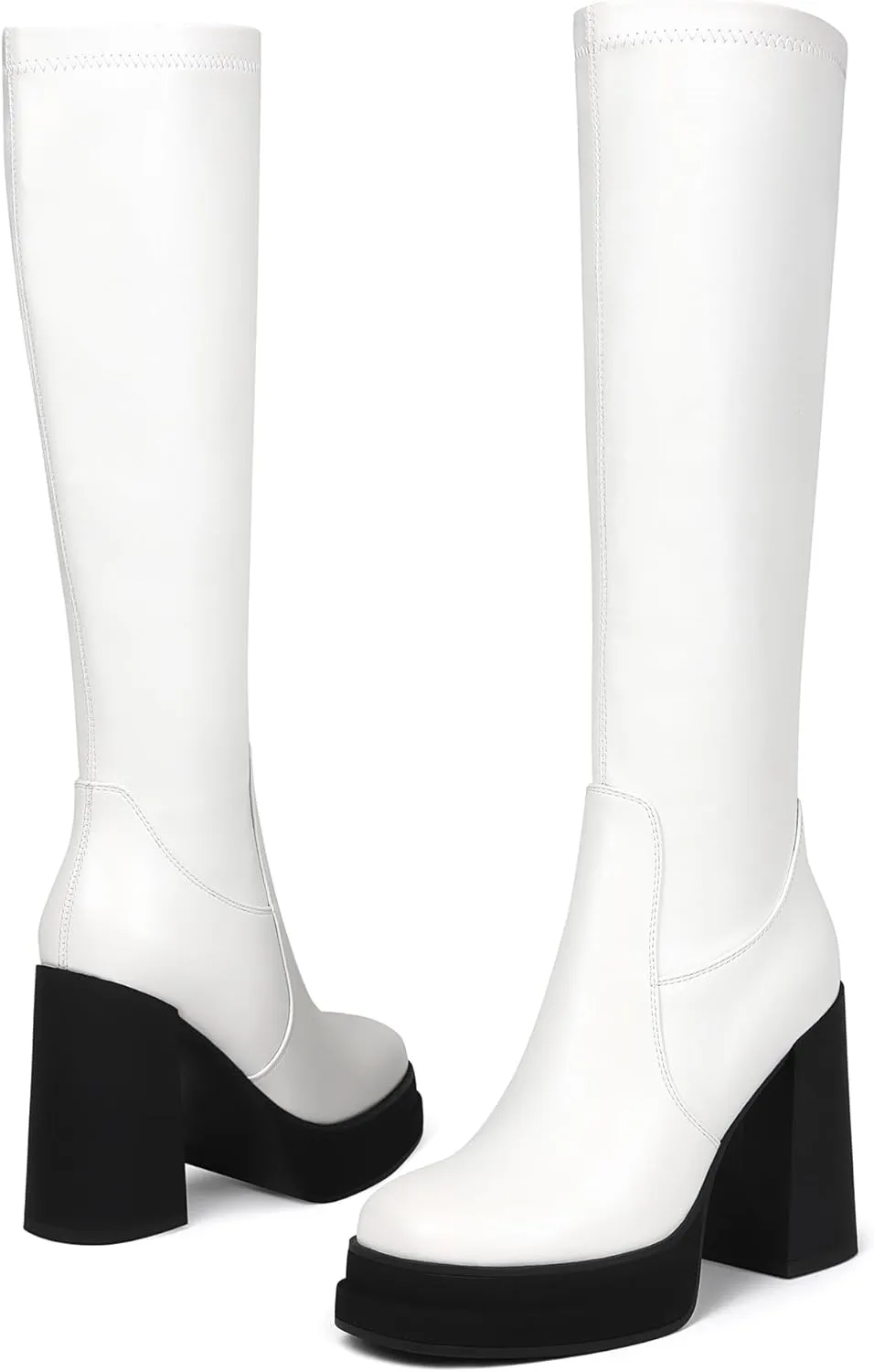 Women's Black Platform Knee High Boots Womens High Chunky Heel Square Toe Stretchy Platform Long Boots Shoes for Women(not for wide calf)