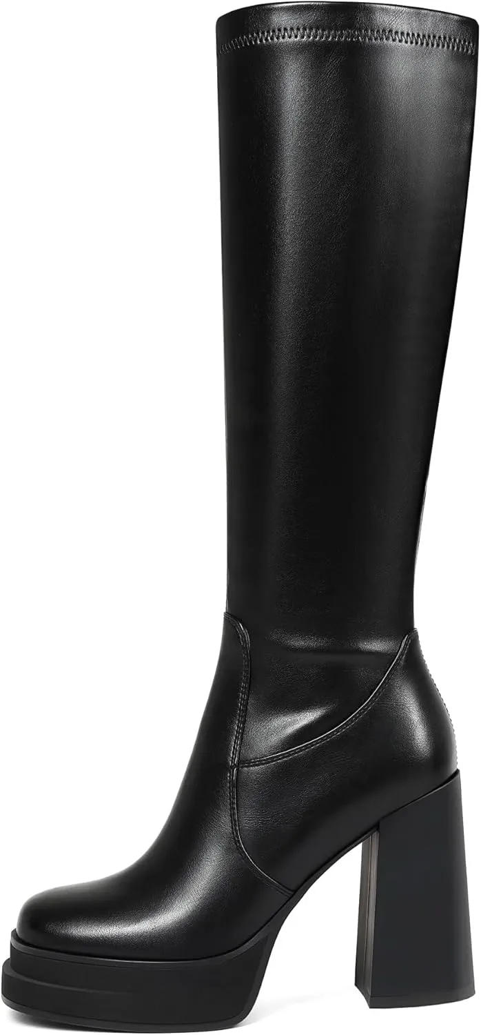 Women's Black Platform Knee High Boots Womens High Chunky Heel Square Toe Stretchy Platform Long Boots Shoes for Women(not for wide calf)