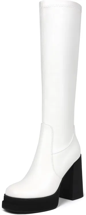 Women's Black Platform Knee High Boots Womens High Chunky Heel Square Toe Stretchy Platform Long Boots Shoes for Women(not for wide calf)