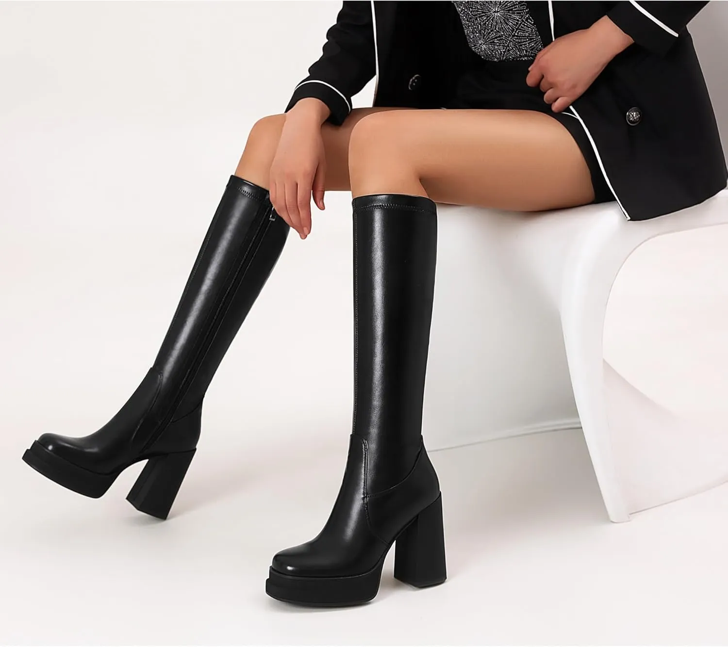 Women's Black Platform Knee High Boots Womens High Chunky Heel Square Toe Stretchy Platform Long Boots Shoes for Women(not for wide calf)