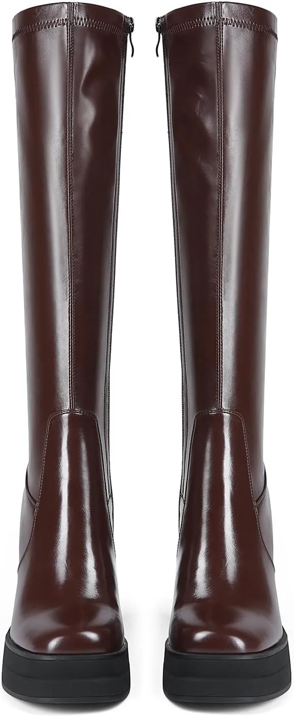 Women's Black Platform Knee High Boots Womens High Chunky Heel Square Toe Stretchy Platform Long Boots Shoes for Women(not for wide calf)
