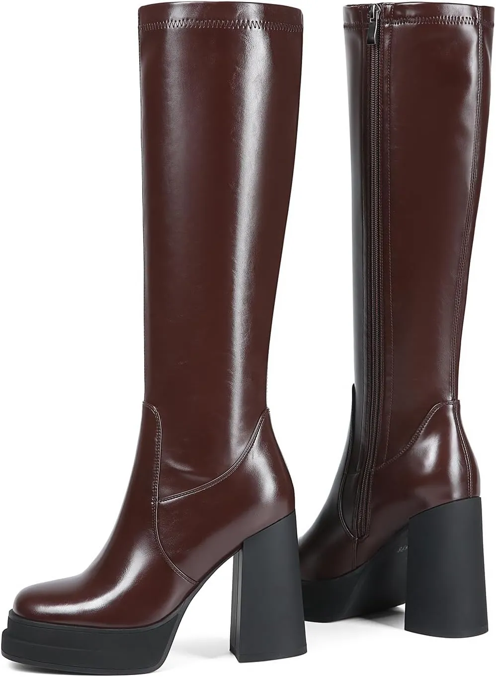 Women's Black Platform Knee High Boots Womens High Chunky Heel Square Toe Stretchy Platform Long Boots Shoes for Women(not for wide calf)