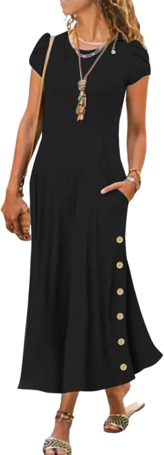 Women's Black Solid Round Neck Short Sleeve Shift Maxi Dress 2025 Summer Casual Chic Cocktail Party Dresses Trendy Outfit