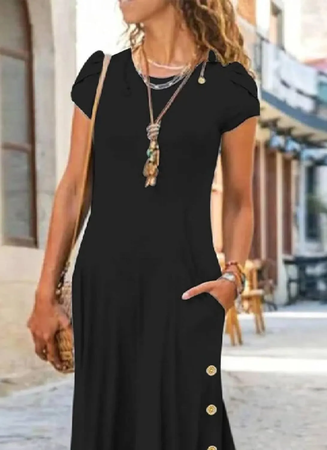Women's Black Solid Round Neck Short Sleeve Shift Maxi Dress 2025 Summer Casual Chic Cocktail Party Dresses Trendy Outfit