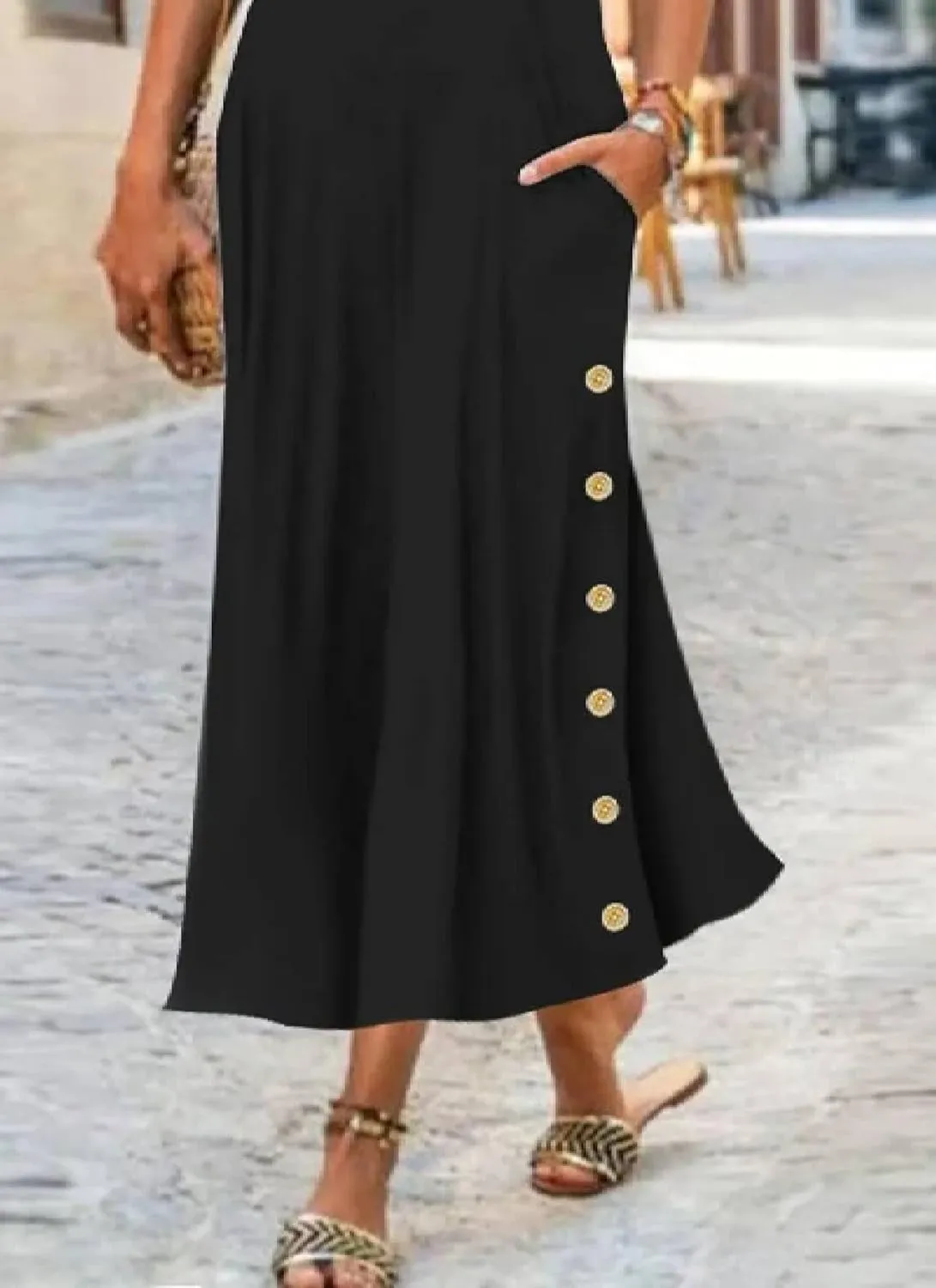 Women's Black Solid Round Neck Short Sleeve Shift Maxi Dress 2025 Summer Casual Chic Cocktail Party Dresses Trendy Outfit