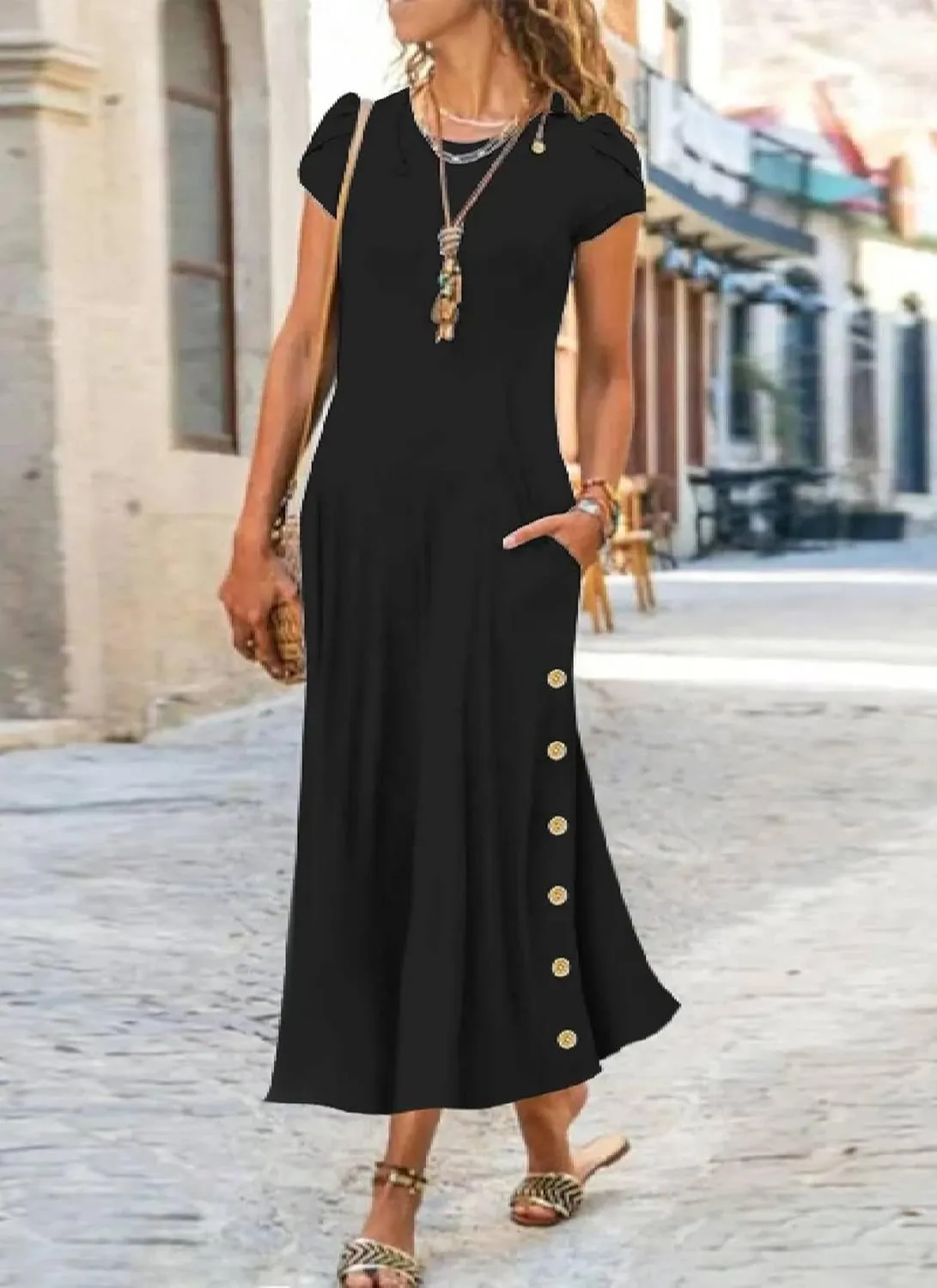 Women's Black Solid Round Neck Short Sleeve Shift Maxi Dress 2025 Summer Casual Chic Cocktail Party Dresses Trendy Outfit