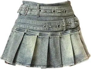 Women's Blue Black Riveted Belt Denim Skirt A-Line Mini Skirt Clothing