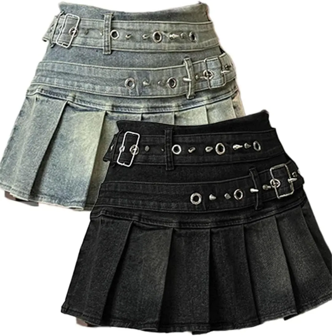 Women's Blue Black Riveted Belt Denim Skirt A-Line Mini Skirt Clothing