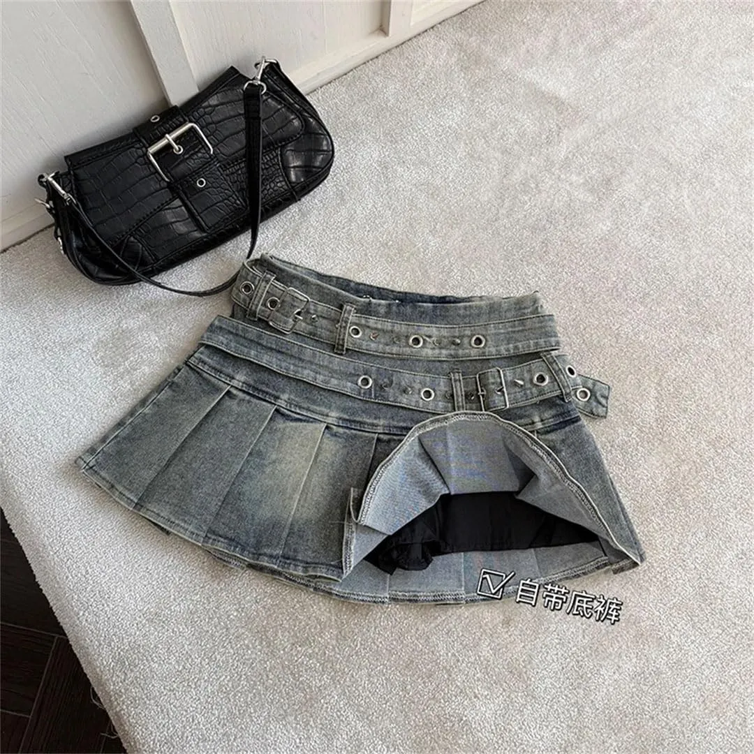 Women's Blue Black Riveted Belt Denim Skirt A-Line Mini Skirt Clothing