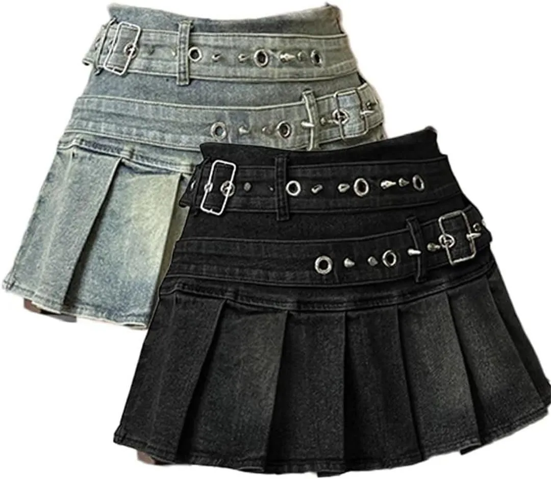 Women's Blue Black Riveted Belt Denim Skirt A-Line Mini Skirt Clothing