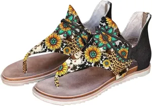 Women's Bohemian Flats Sunflowear Leopard Print T-Strap Retro Lace-Up Sandals Comfort Casual Shoes for Summer Beach