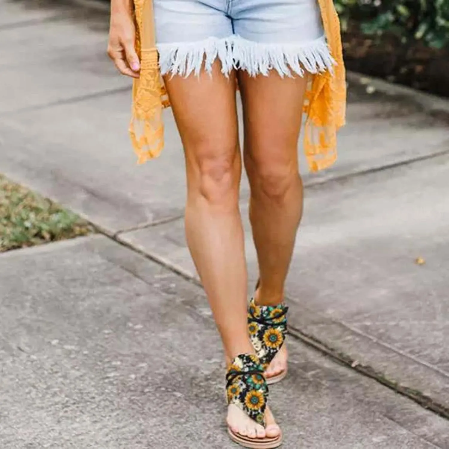 Women's Bohemian Flats Sunflowear Leopard Print T-Strap Retro Lace-Up Sandals Comfort Casual Shoes for Summer Beach