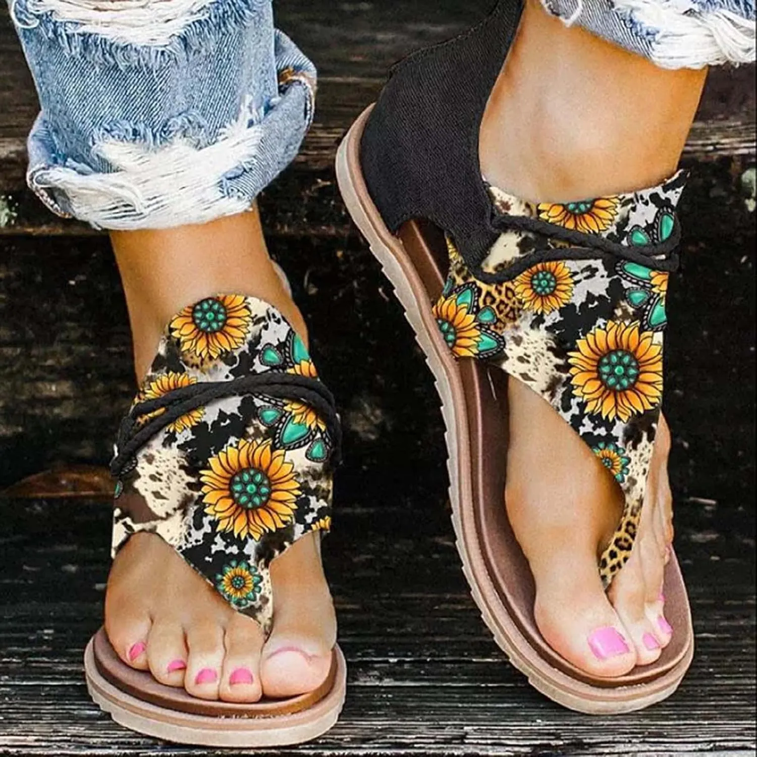 Women's Bohemian Flats Sunflowear Leopard Print T-Strap Retro Lace-Up Sandals Comfort Casual Shoes for Summer Beach