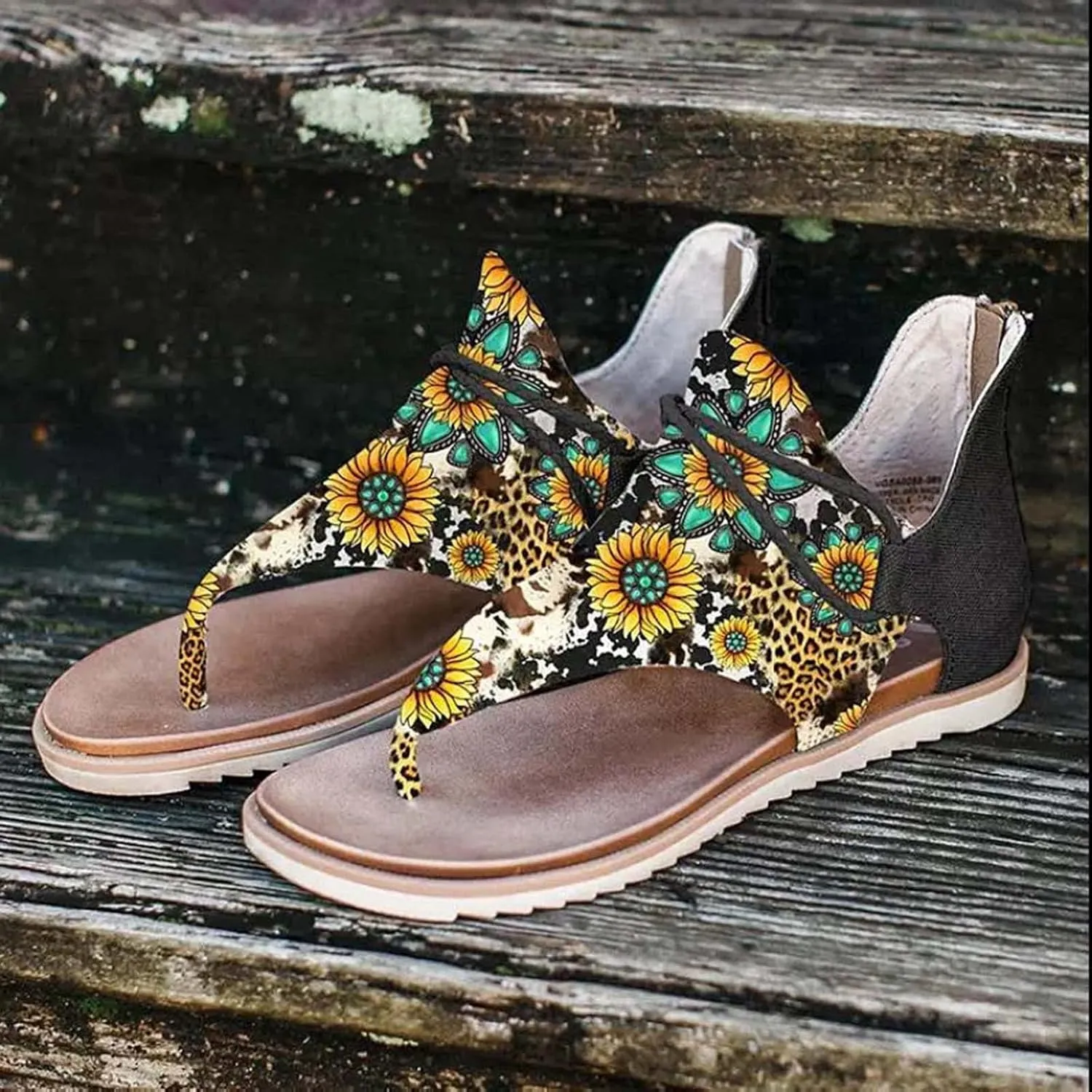 Women's Bohemian Flats Sunflowear Leopard Print T-Strap Retro Lace-Up Sandals Comfort Casual Shoes for Summer Beach