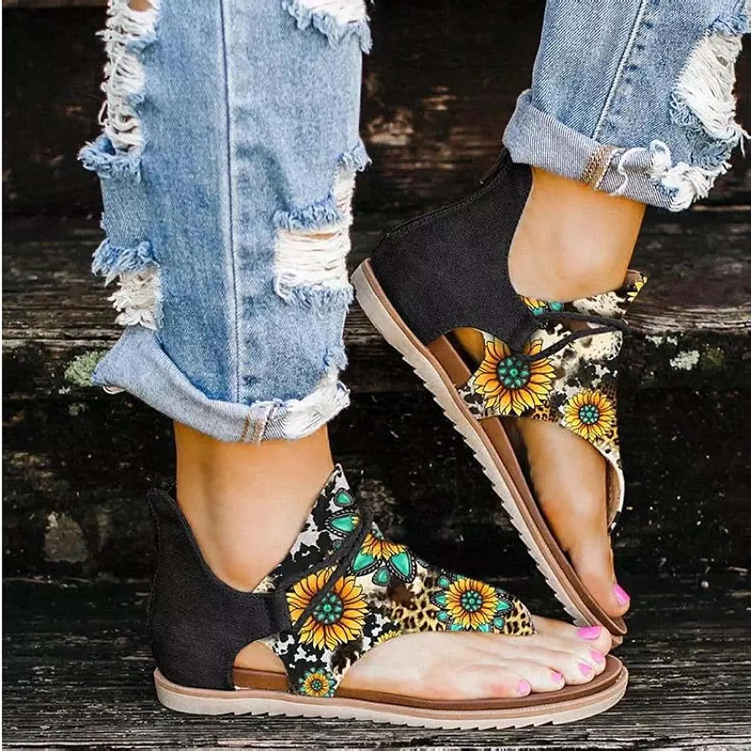 Women's Bohemian Flats Sunflowear Leopard Print T-Strap Retro Lace-Up Sandals Comfort Casual Shoes for Summer Beach