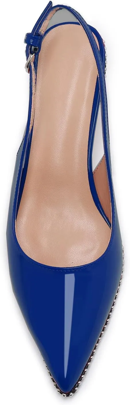 Women's Burgundy Slingback Kitten Heels – Pointed Toe Patent Leather Dress Shoes with Rhinestone Trim – Elegant Low Heel Pumps for Party, Wedding, or Office