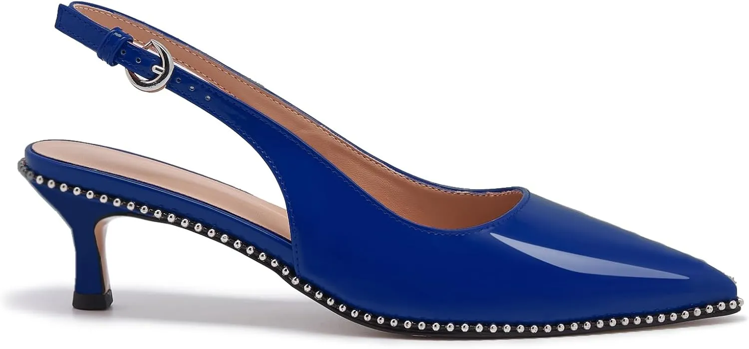 Women's Burgundy Slingback Kitten Heels – Pointed Toe Patent Leather Dress Shoes with Rhinestone Trim – Elegant Low Heel Pumps for Party, Wedding, or Office