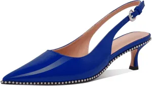 Women's Burgundy Slingback Kitten Heels – Pointed Toe Patent Leather Dress Shoes with Rhinestone Trim – Elegant Low Heel Pumps for Party, Wedding, or Office