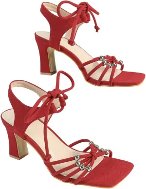 Women's Burgundy Suede High-Heel Sandals | Square-Toe Cross-Lacing Pumps with Silver Bead Detail | Thick Heel Party Date Shoes | 2025 Trendy Elegant Heels