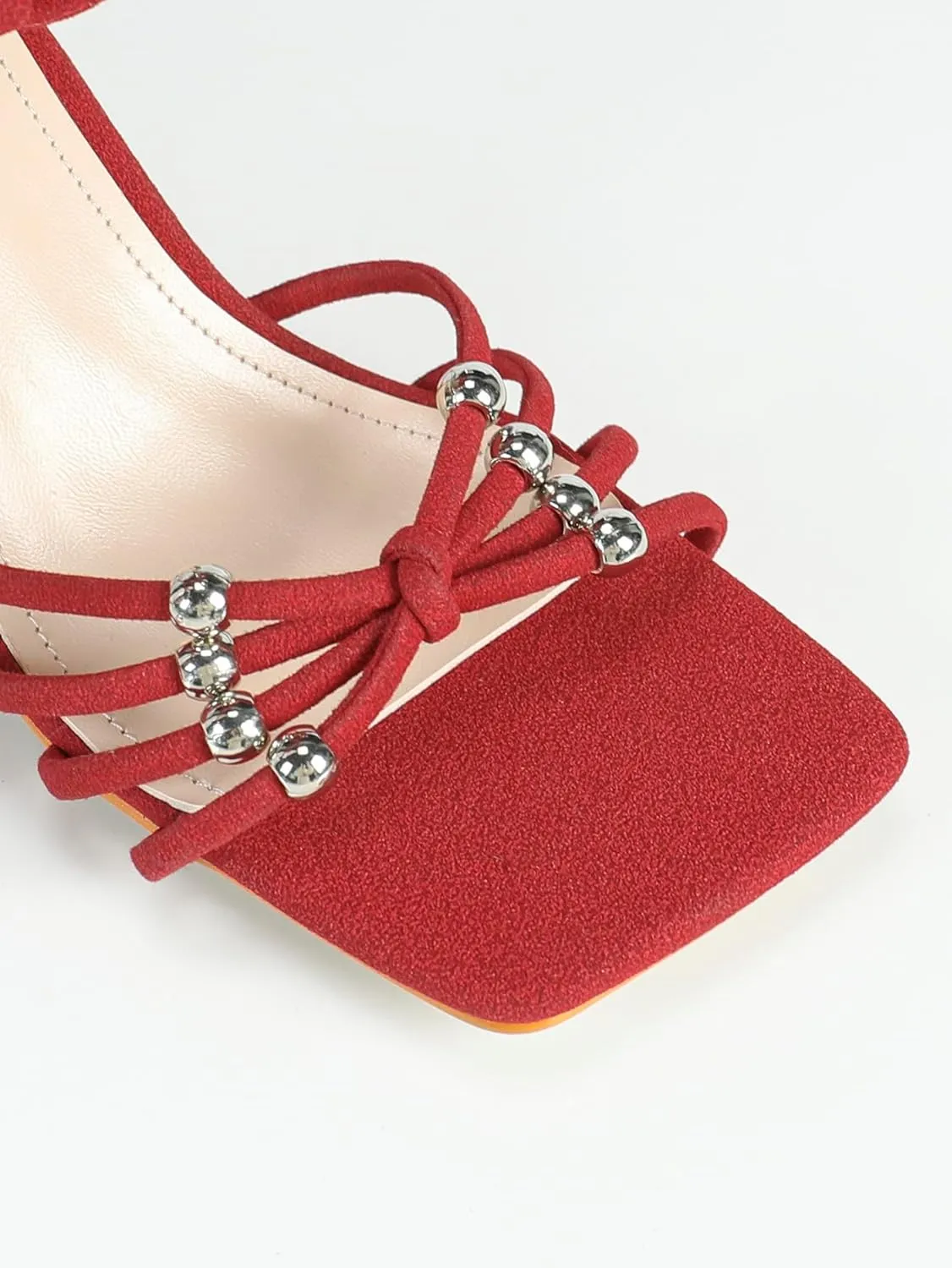 Women's Burgundy Suede High-Heel Sandals | Square-Toe Cross-Lacing Pumps with Silver Bead Detail | Thick Heel Party Date Shoes | 2025 Trendy Elegant Heels