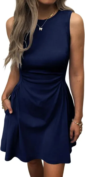 Women's Casual Dress Summer Sleeveless Ruched Waist Elegant Pleated Slim-Fit Mini Dresses with Pockets