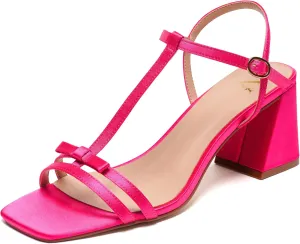 Women's Chunky Heel Strappy Sandals - Square Toe T-Strap Bow Detail Block Heels Open Toe Dress Shoes for Wedding, Party, Summer