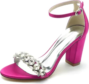 Women's Chunky High Block Heel Wedding Shoes for Bride Rhinestone Ankle Strap Bridal Heels Open Toe Wedding Heeled Sandals