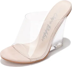 Women's Clear Wedge Heels - 4 Inch Open Toe Chunky Heels with Transparent Upper & Genuine Leather Sole | Slip-On Comfortable Dress Shoes | Fashion Platform Sandals (Lemonade.A)