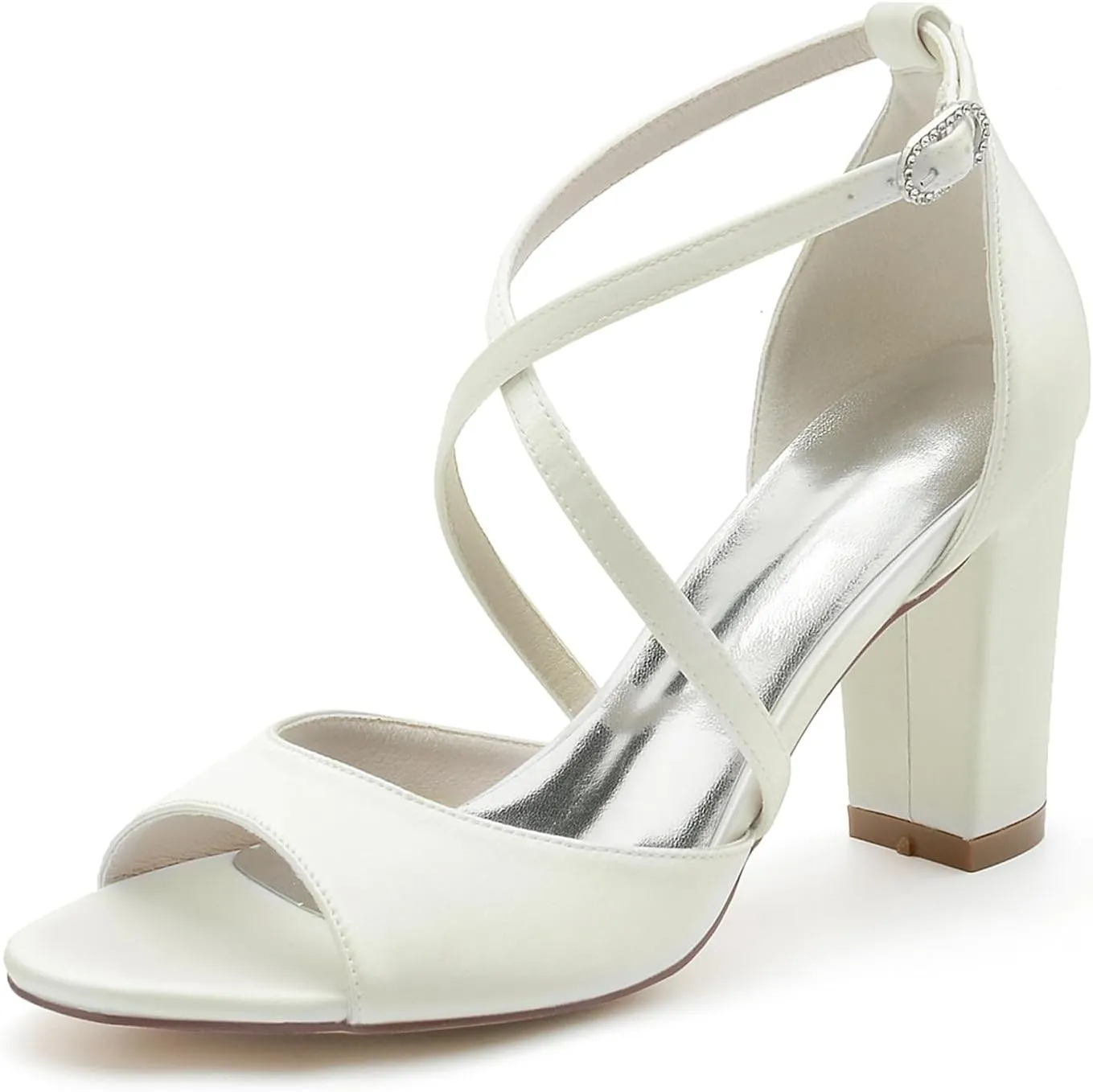 Women's Closed Toe Cross Strap Wedding Shoes for Bride Block Heel Bridal Shoes Satin Prom Party Dress Pumps