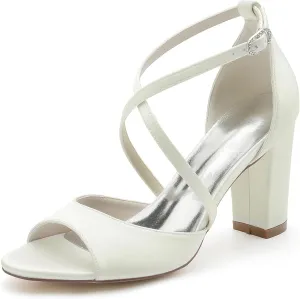 Women's Closed Toe Cross Strap Wedding Shoes for Bride Block Heel Bridal Shoes Satin Prom Party Dress Pumps
