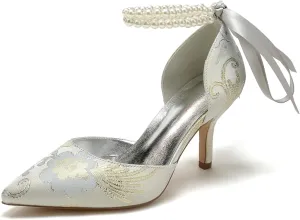 Womens Closed Toe Stiletto High Heels Wedding Shoes for Bride Pointed Toe Pearl Pumps Bridal Shoes Bowknot Strap Sandals Evening Dress Floral Satin,Silver,6
