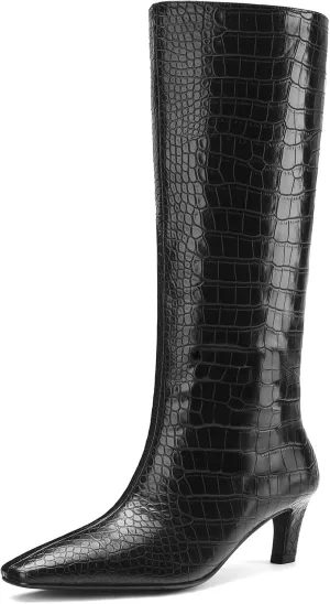 Women's Crocodile Knee Boots Square Toe Kitten Heel Slip On Wide Leg Boots Summer Breathable Suitable For Party Date Work
