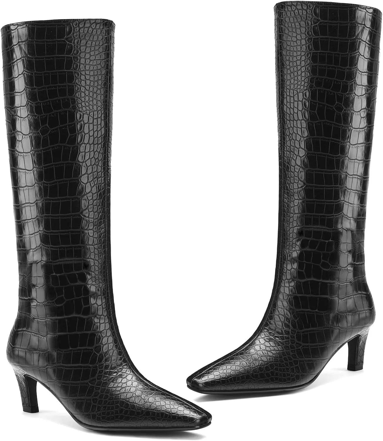 Women's Crocodile Knee Boots Square Toe Kitten Heel Slip On Wide Leg Boots Summer Breathable Suitable For Party Date Work