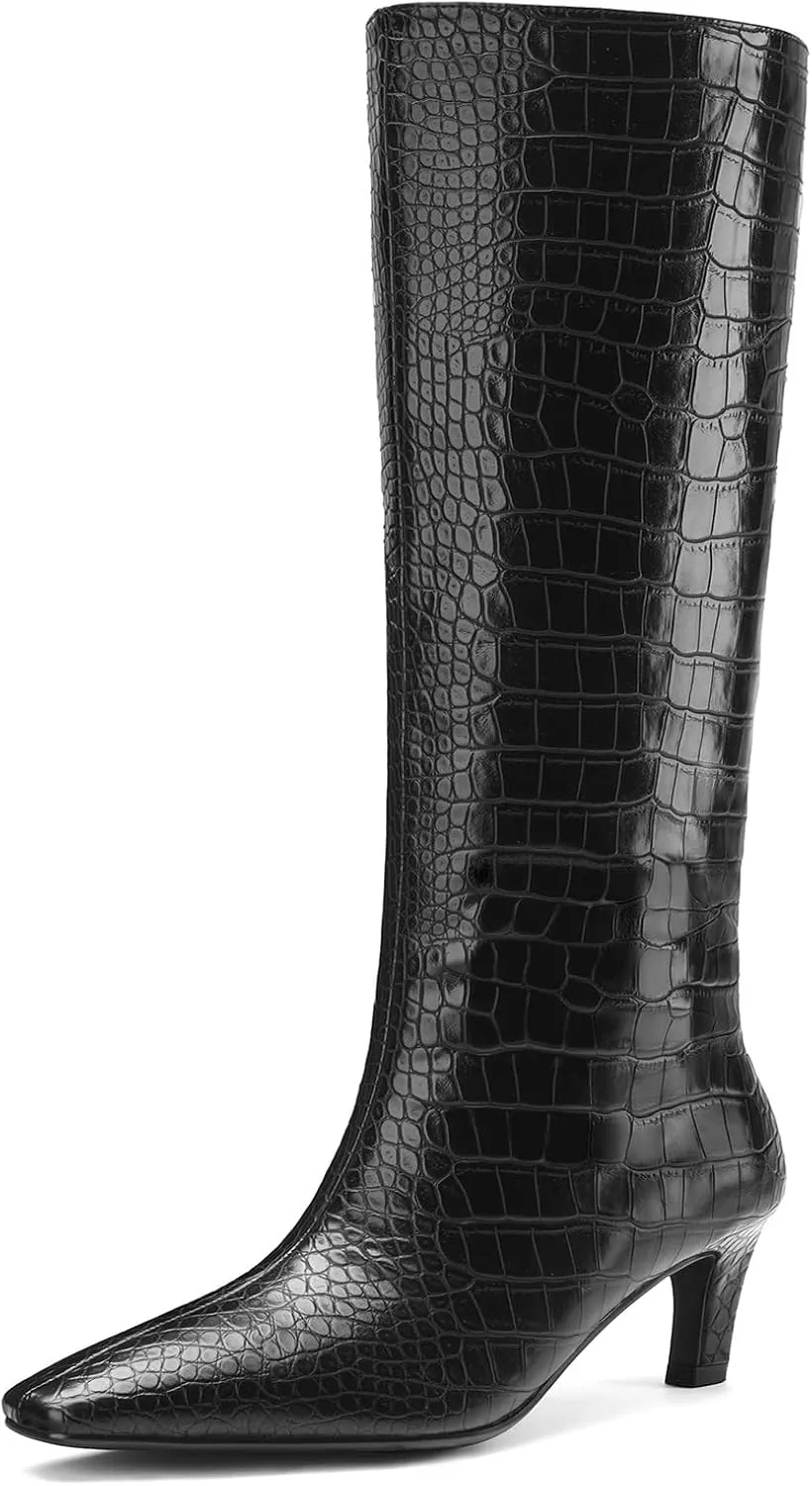 Women's Crocodile Knee Boots Square Toe Kitten Heel Slip On Wide Leg Boots Summer Breathable Suitable For Party Date Work