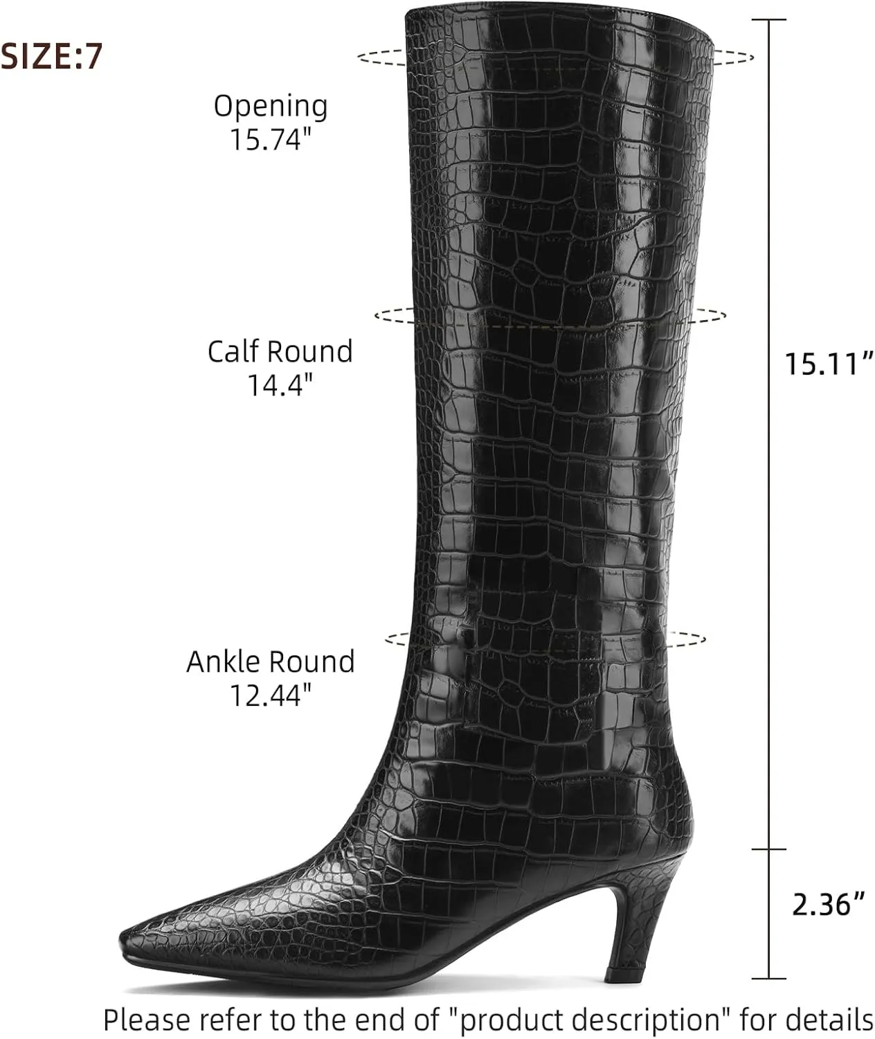 Women's Crocodile Knee Boots Square Toe Kitten Heel Slip On Wide Leg Boots Summer Breathable Suitable For Party Date Work