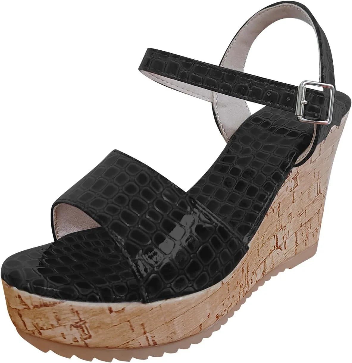 Women's Crocodile pattern Sandal Hook and Loop Wedge Sandals Thick Strappy Platform Shoe Anti-Slip Elegant High Heel